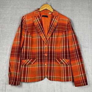 Womens Orange Plaid Blazer Size 12 Wool Blend Academia Autumnal Heritage Preppy